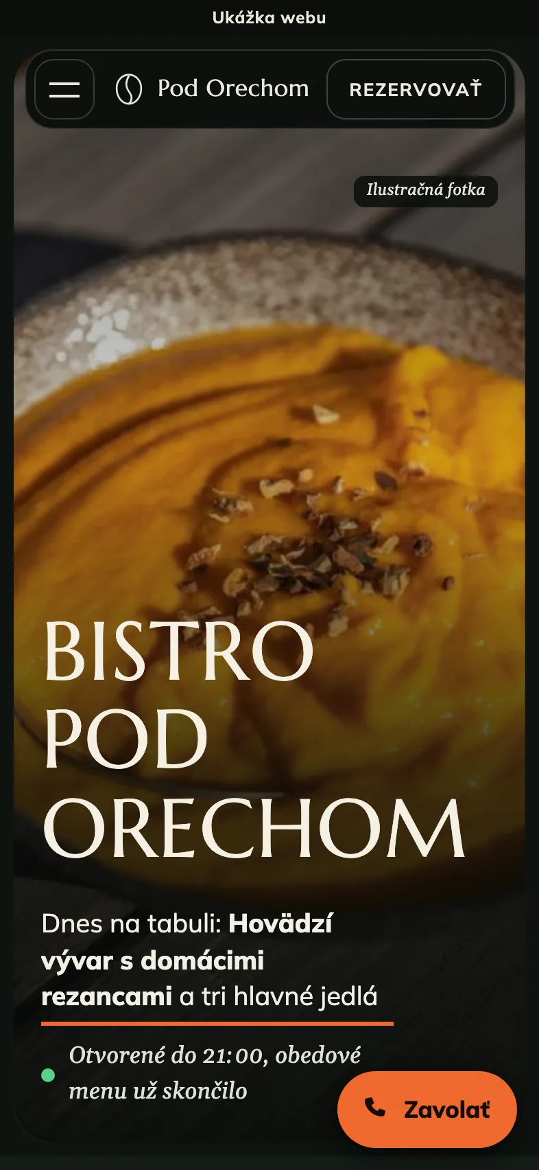 Bistro Pod Orechom. Bistro and lunch menu. The view on a phone.